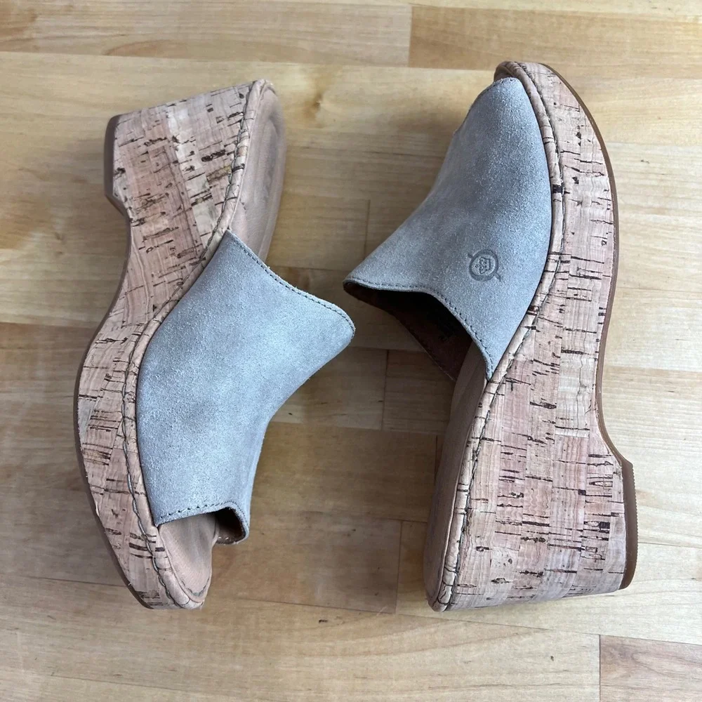 Born Sandals Wedge Lilah Size 7 Taupe Suede Open Toe Cork Platform Slide Slip On